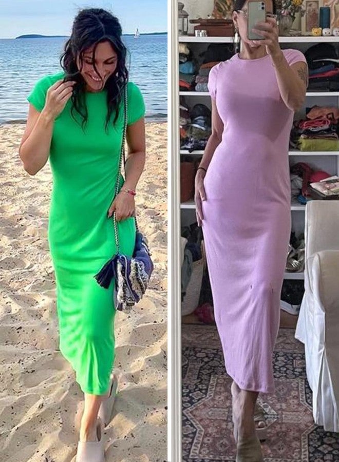Wenrine فستان تي شيرت نسائي بأكمام قصيرة من وينرين، صيفي، بياقة دائرية، لون أسود سادة، فستان ميدي طويل - Image 4